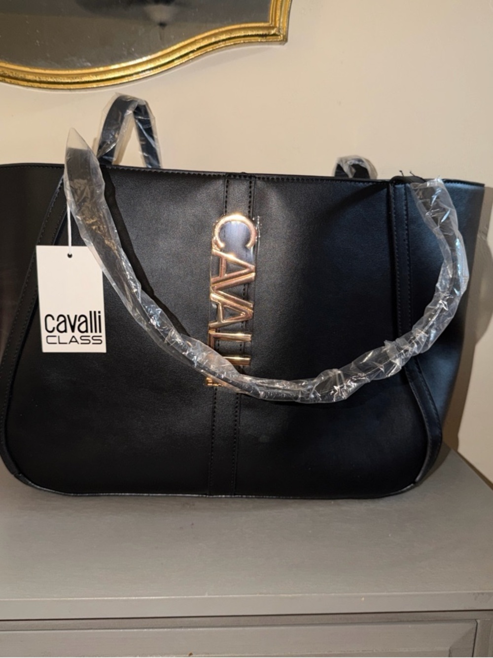 Cavalli Class Black Tote with Gold Logo Accent